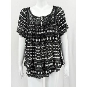 One World Top Womens 2X Black White Crochet Lace Boho Sheer Peasant Flowy Travel